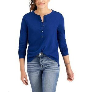 Style & Co Buttoned Solid Knit Top Admiral Blue PS